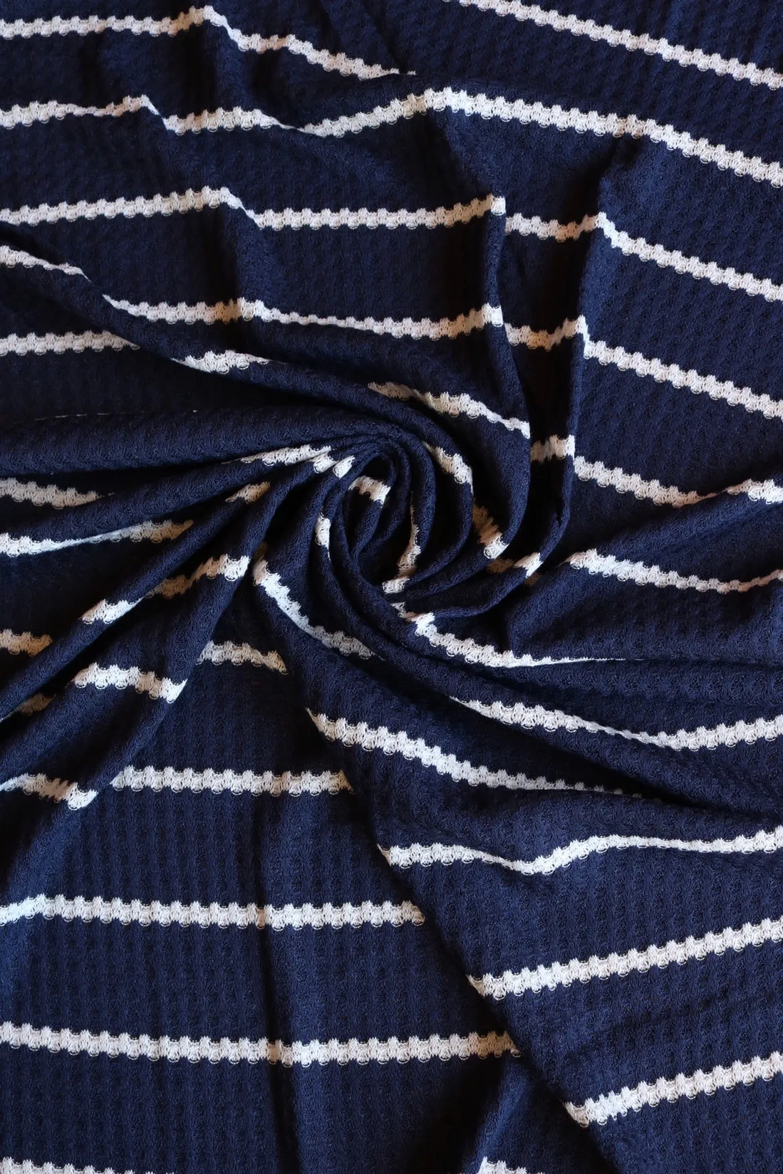 4YD 26IN REMNANT; 1.5" Navy & .5" Ivory Stripe Waffle Sweater Knit