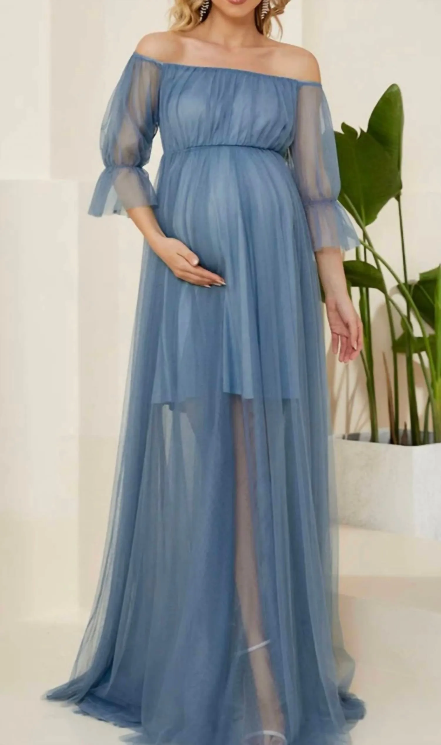 A Line Puff Sleeves Mesh Maternity Dress
