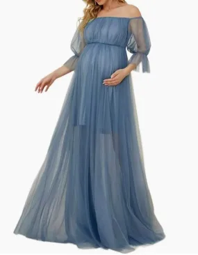 A Line Puff Sleeves Mesh Maternity Dress