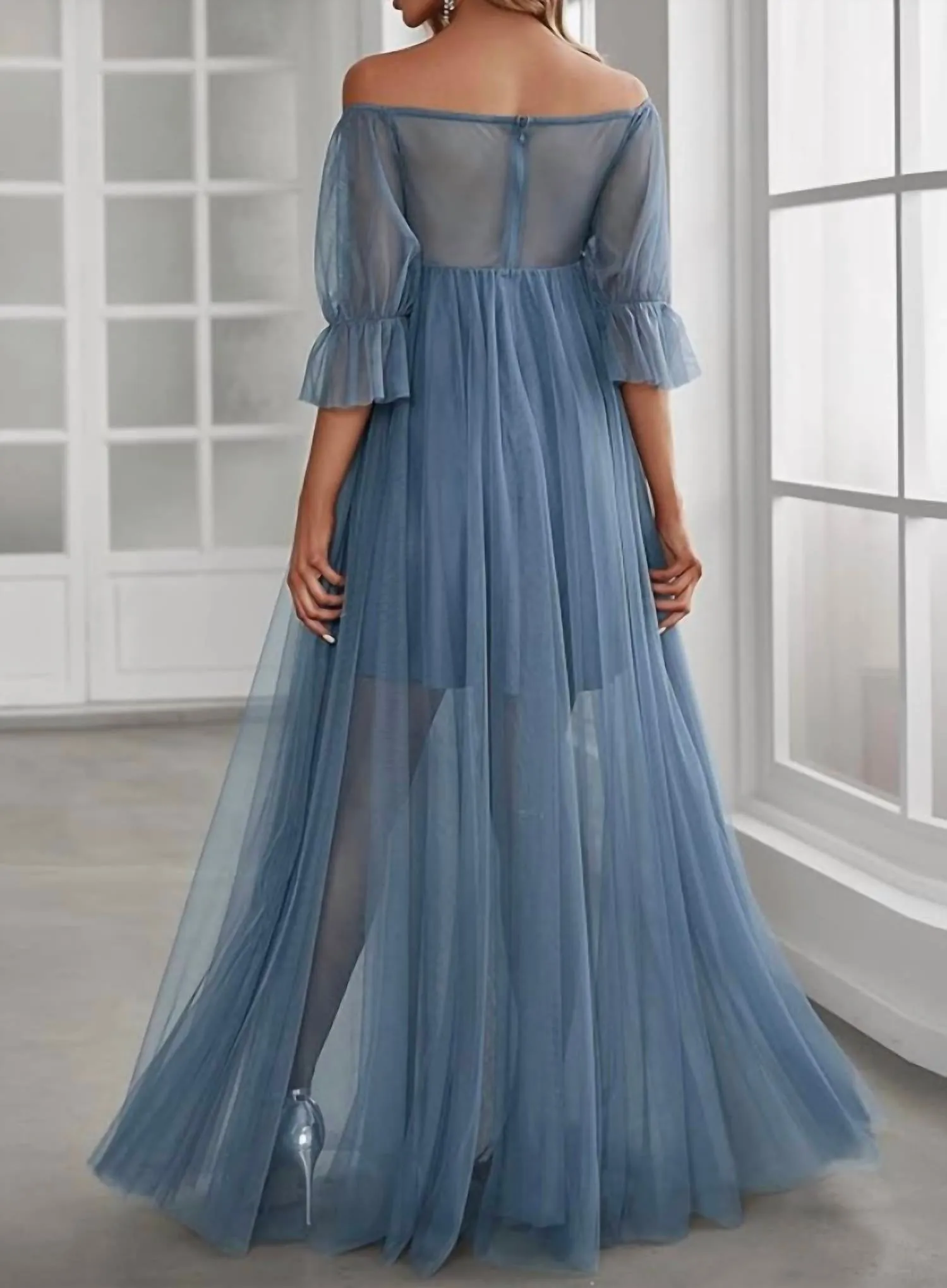 A Line Puff Sleeves Mesh Maternity Dress
