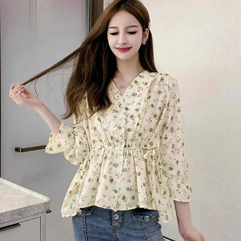 Arabella - Sweet Floral V-Neck Chiffon Blouse for Women