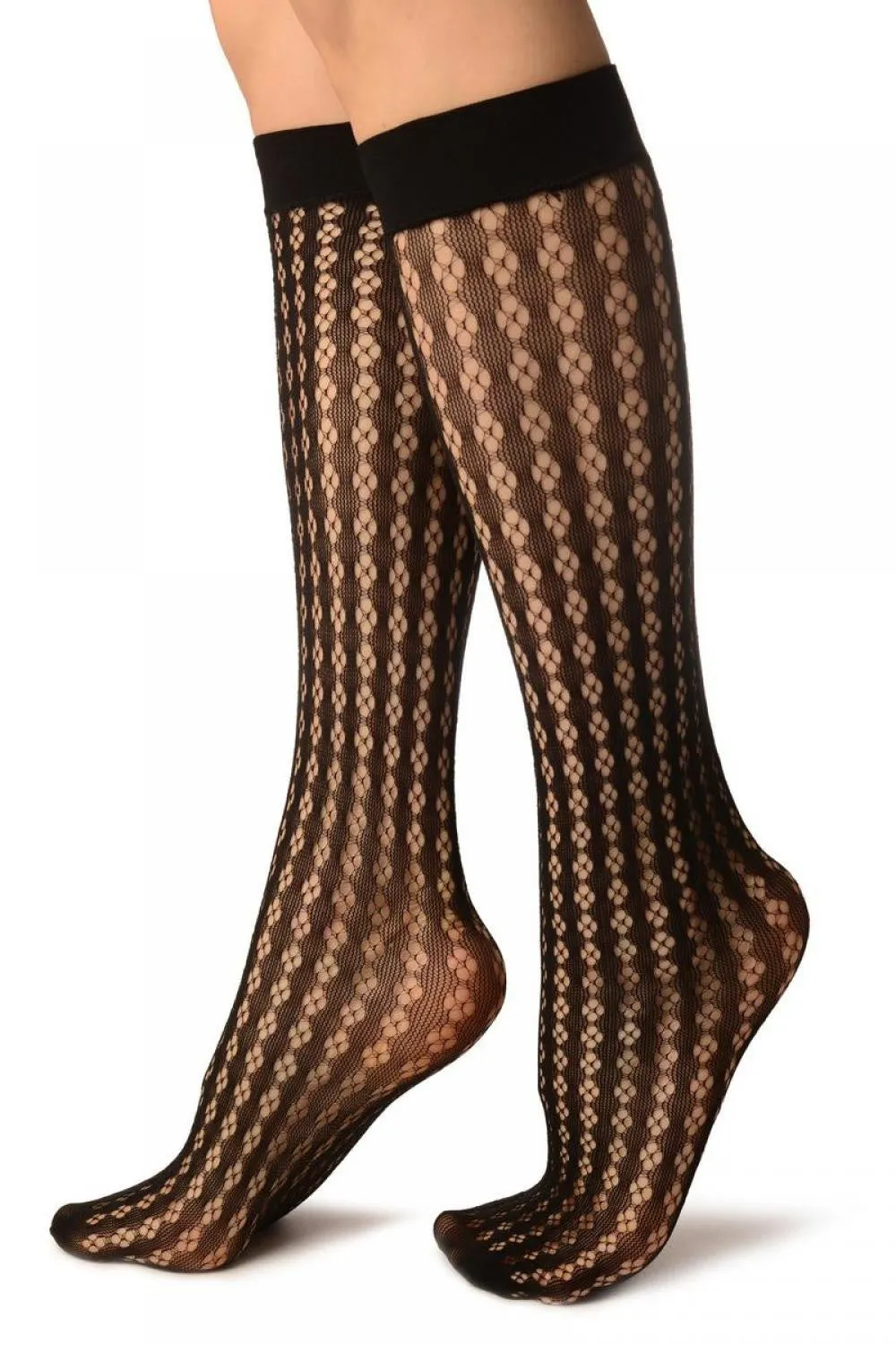 Black Four Petals Stripes Lace Socks Knee High