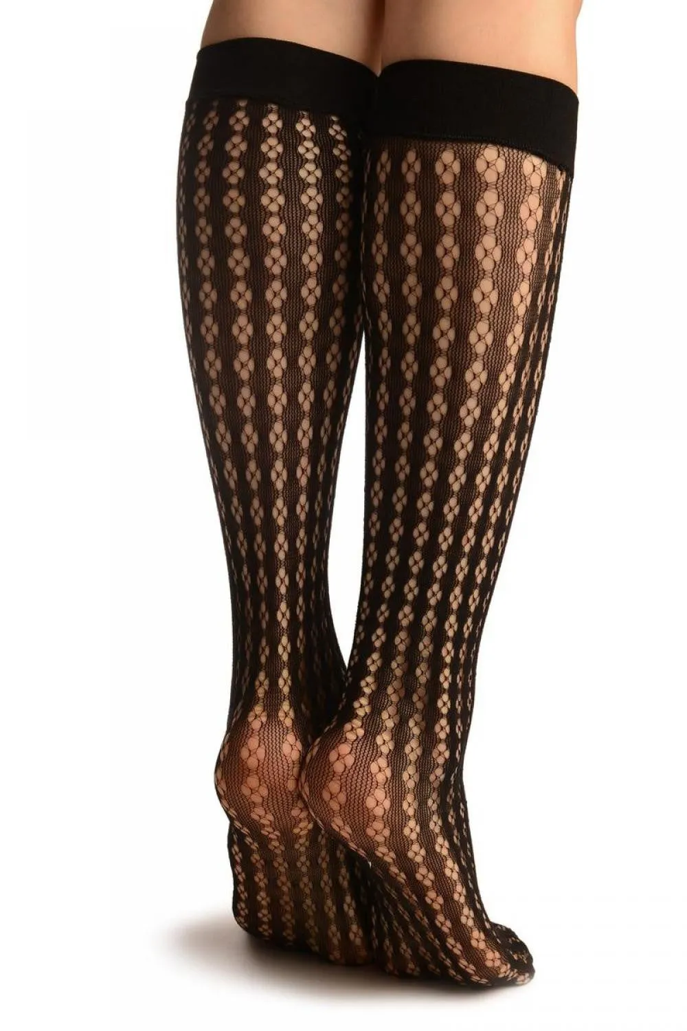 Black Four Petals Stripes Lace Socks Knee High