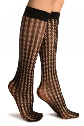 Black Four Petals Stripes Lace Socks Knee High