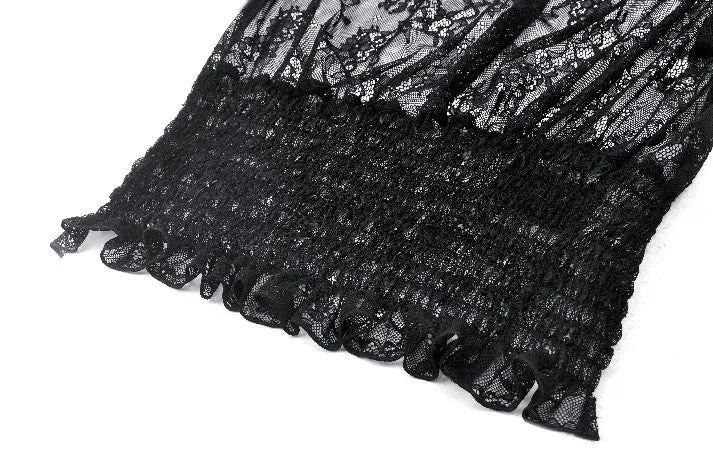 Black Hollow Lace Elastic Pleated Waist Eyelash Lace Cuff Top TW608
