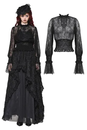 Black Hollow Lace Elastic Pleated Waist Eyelash Lace Cuff Top TW608