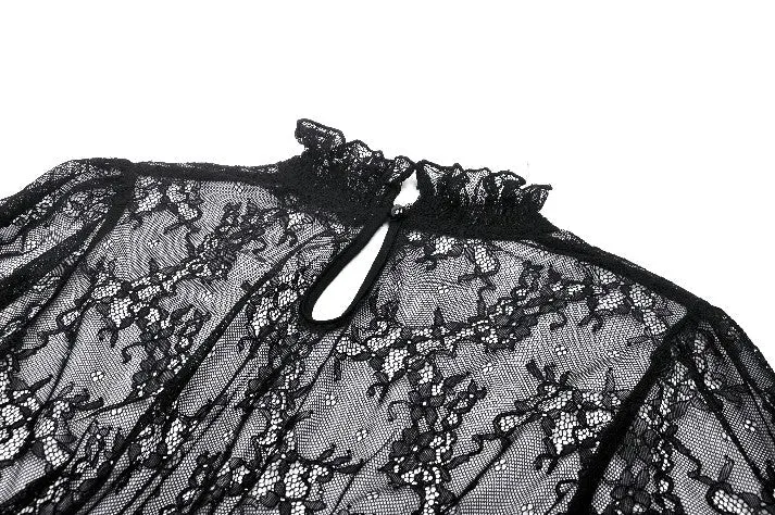 Black Hollow Lace Elastic Pleated Waist Eyelash Lace Cuff Top TW608