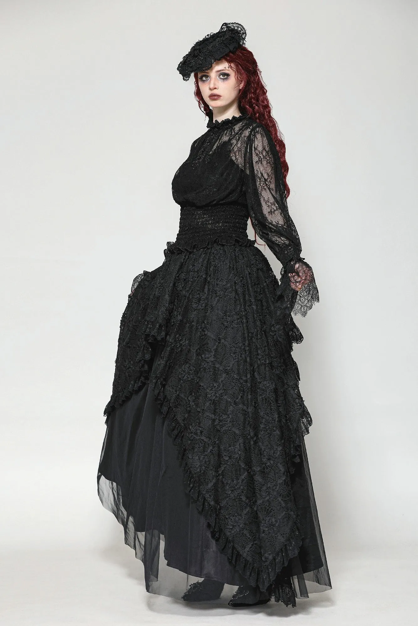 Black Hollow Lace Elastic Pleated Waist Eyelash Lace Cuff Top TW608
