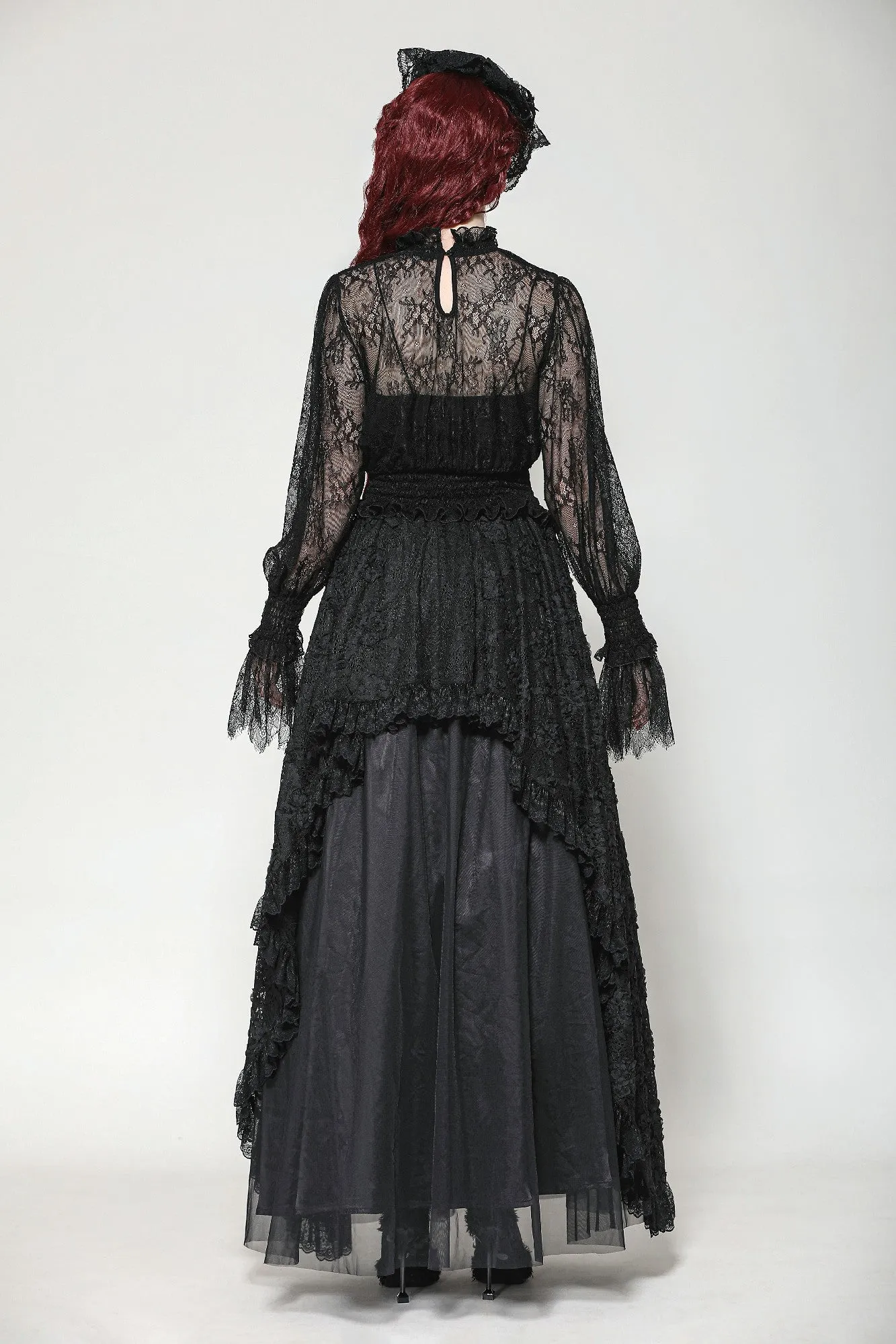 Black Hollow Lace Elastic Pleated Waist Eyelash Lace Cuff Top TW608