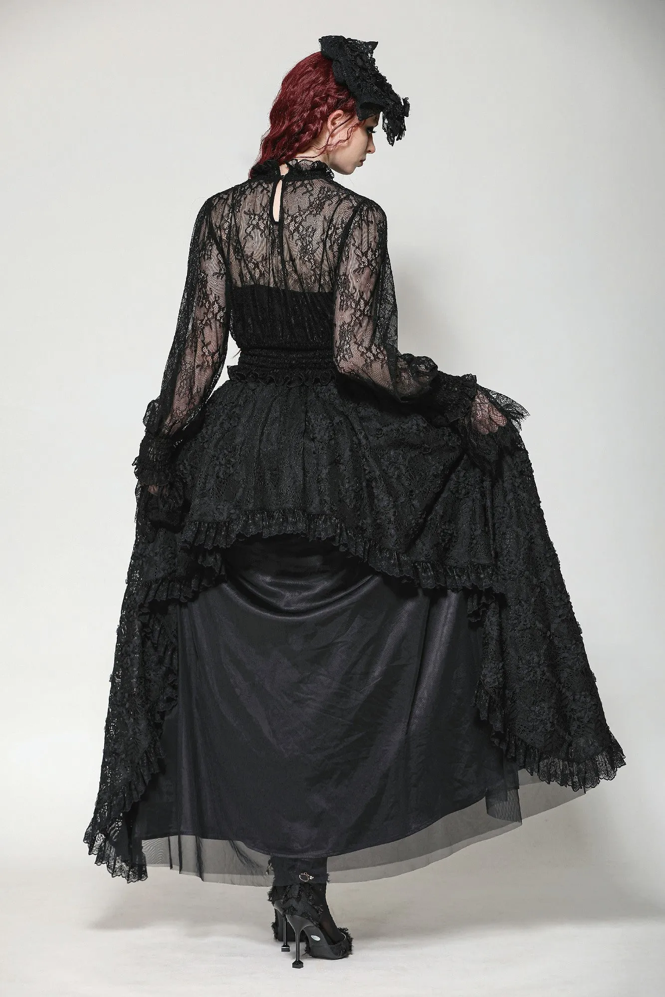 Black Hollow Lace Elastic Pleated Waist Eyelash Lace Cuff Top TW608