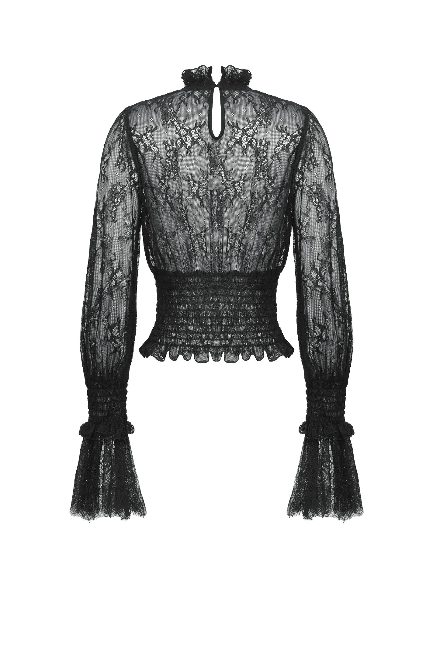 Black Hollow Lace Elastic Pleated Waist Eyelash Lace Cuff Top TW608