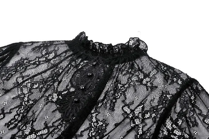 Black Hollow Lace Elastic Pleated Waist Eyelash Lace Cuff Top TW608