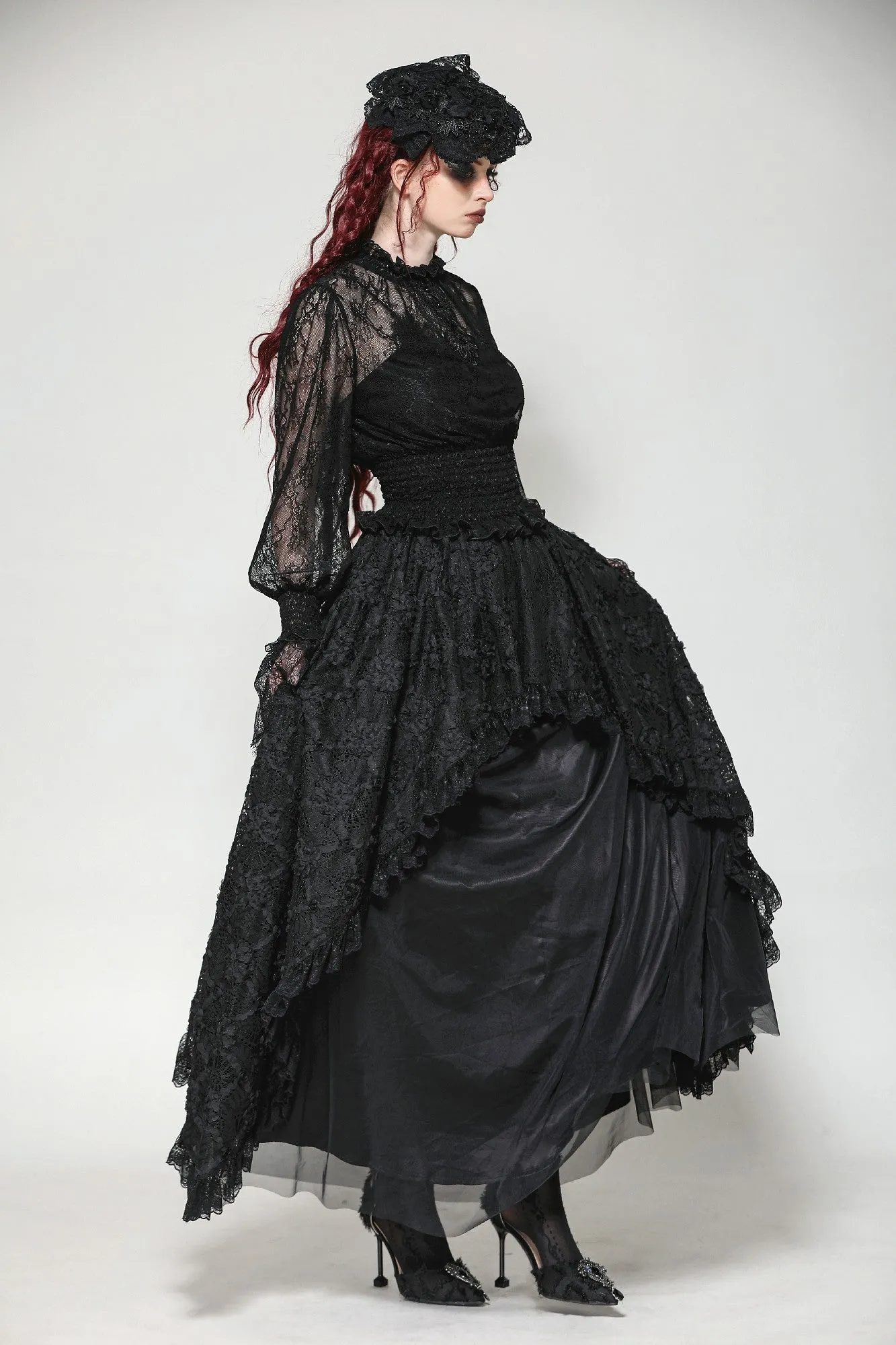 Black Hollow Lace Elastic Pleated Waist Eyelash Lace Cuff Top TW608