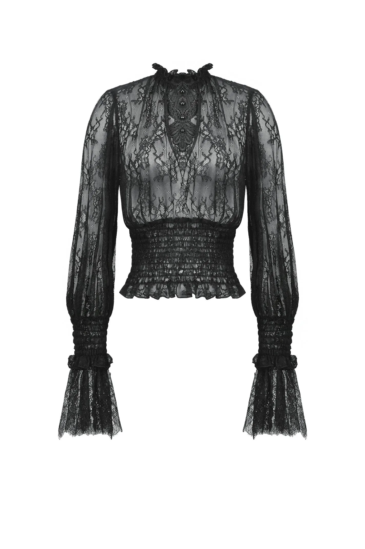 Black Hollow Lace Elastic Pleated Waist Eyelash Lace Cuff Top TW608