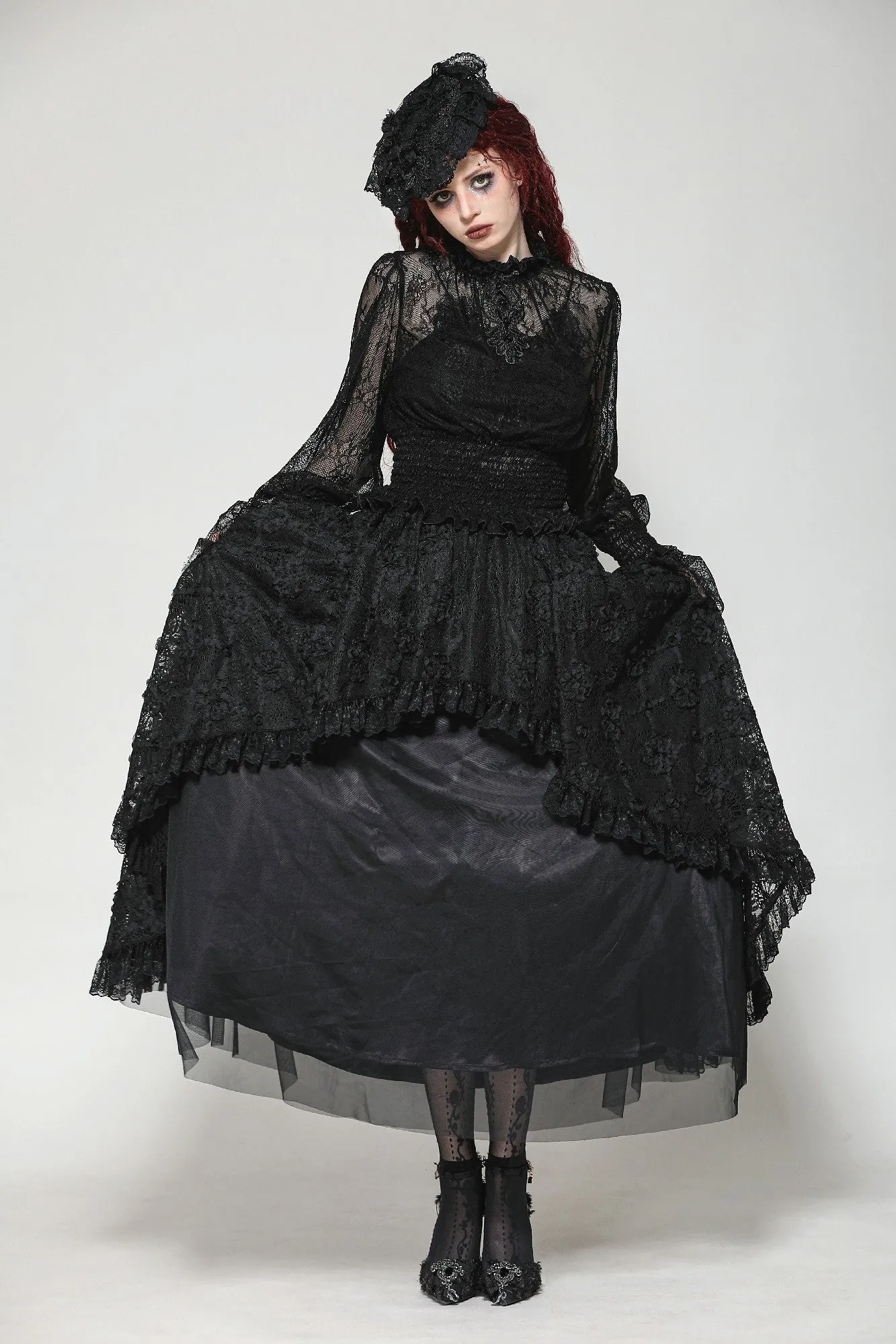 Black Hollow Lace Elastic Pleated Waist Eyelash Lace Cuff Top TW608