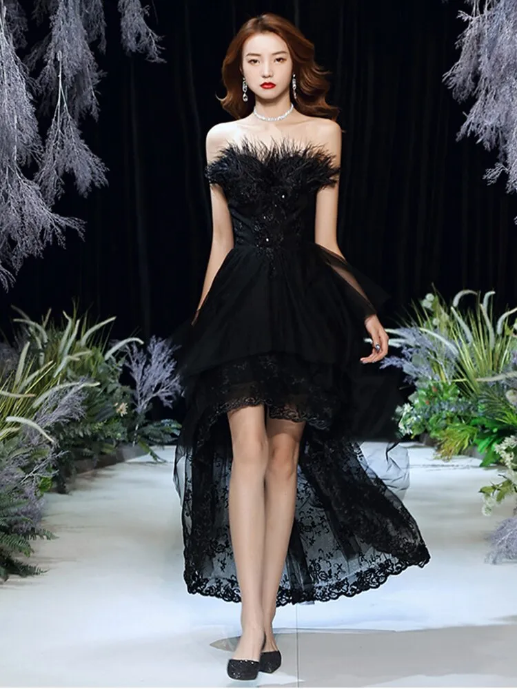 Black Sexy Strapless Evening Dress Tulle Lace Short Front Long Back