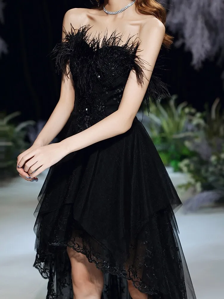 Black Sexy Strapless Evening Dress Tulle Lace Short Front Long Back