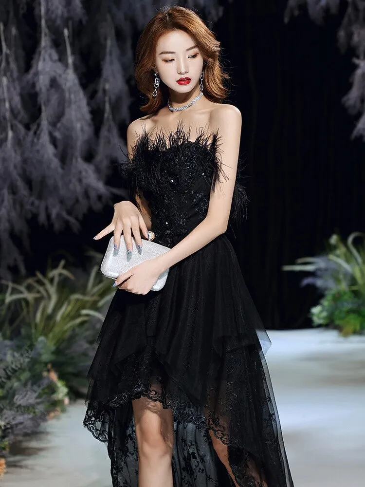 Black Sexy Strapless Evening Dress Tulle Lace Short Front Long Back