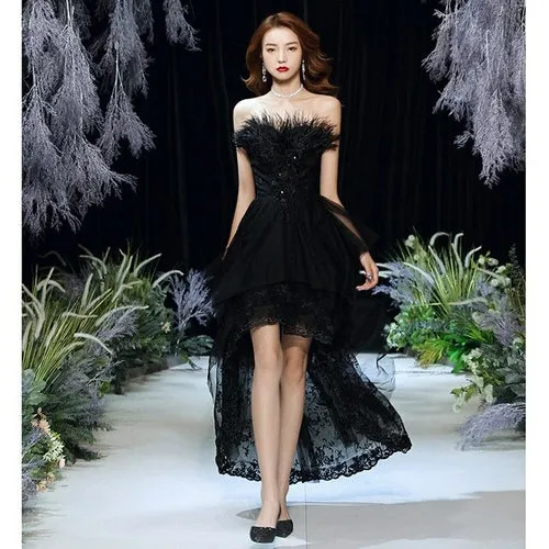 Black Sexy Strapless Evening Dress Tulle Lace Short Front Long Back