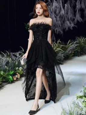 Black Sexy Strapless Evening Dress Tulle Lace Short Front Long Back