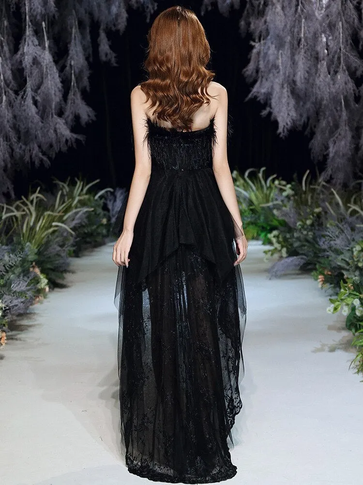 Black Sexy Strapless Evening Dress Tulle Lace Short Front Long Back