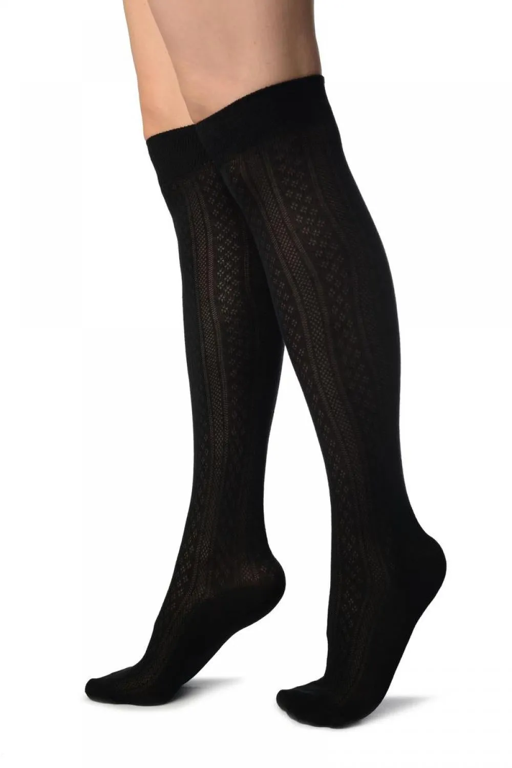 Black With Crocheted Stripes Knee High Socks