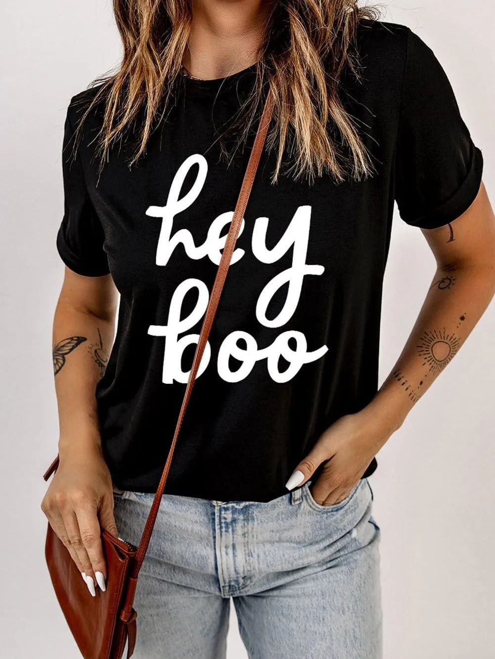 Bold "Hey Boo" WordArt Halloween Graphic Tee