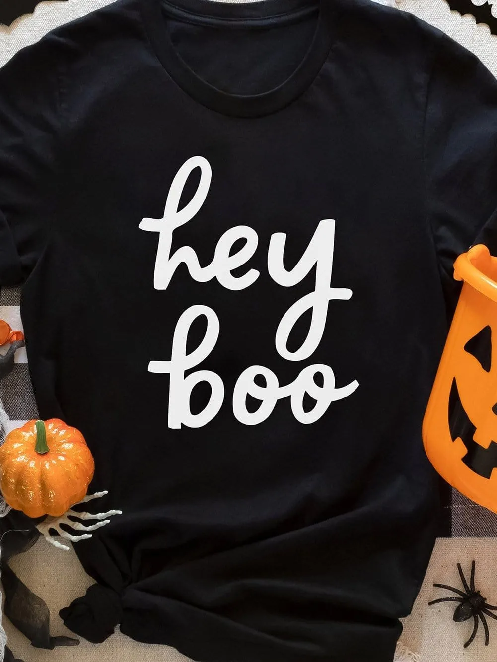 Bold "Hey Boo" WordArt Halloween Graphic Tee