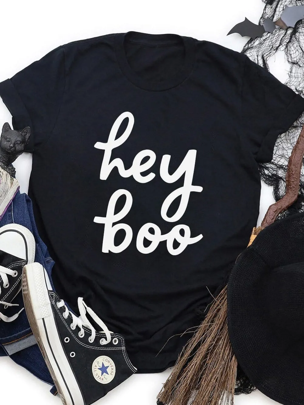 Bold "Hey Boo" WordArt Halloween Graphic Tee