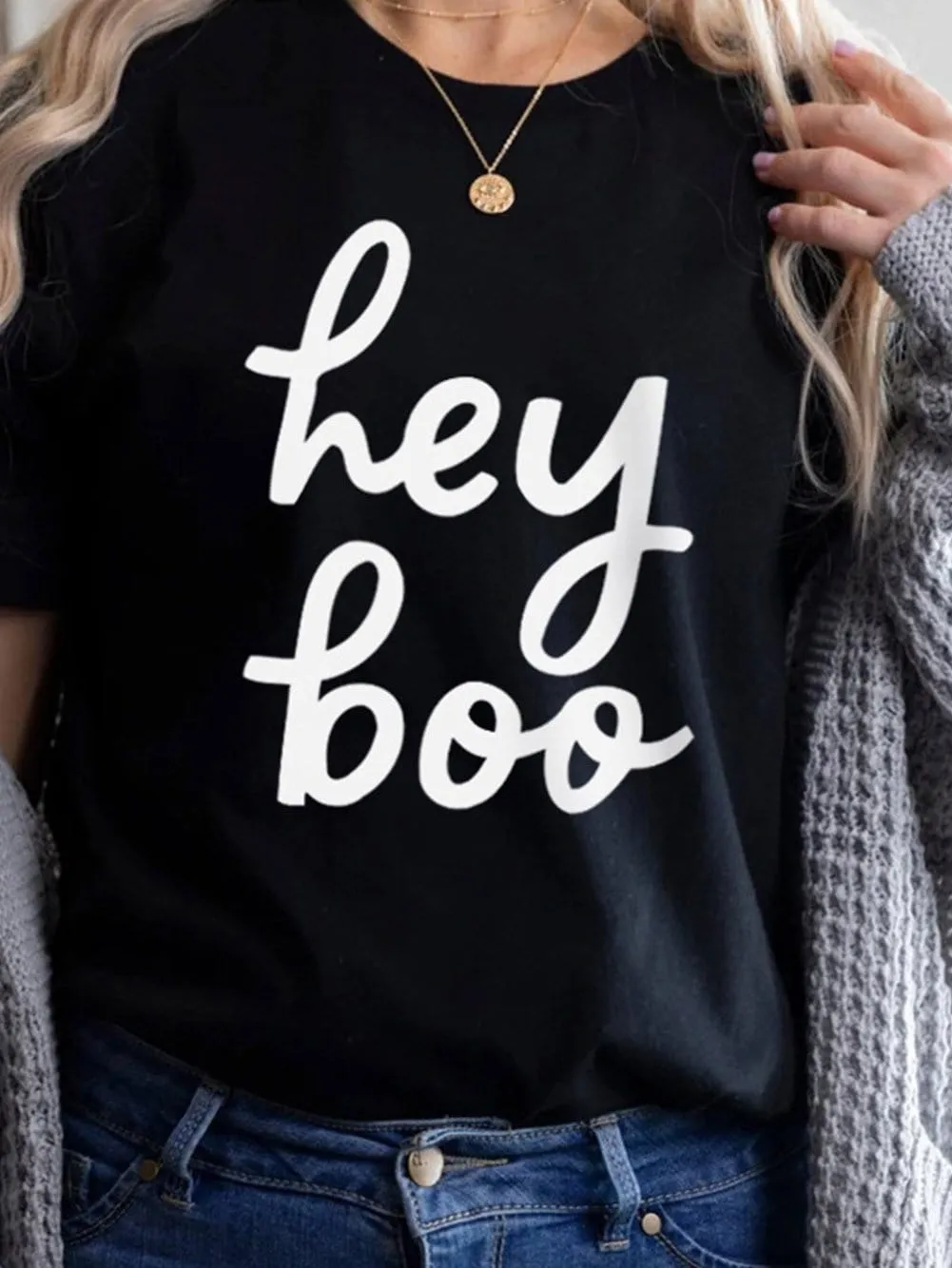 Bold "Hey Boo" WordArt Halloween Graphic Tee
