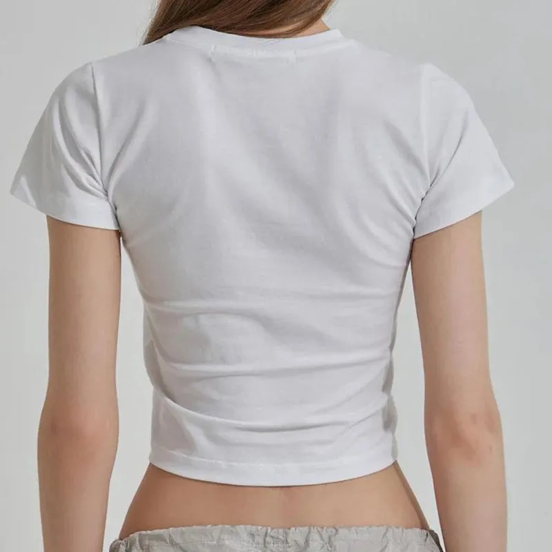Bonnyshow Summer New T-shirt Women White Fashion Print Sexy O-Neck Tees Simple Basic Versatile Casual Slim Crop Top Female Knitted Tees