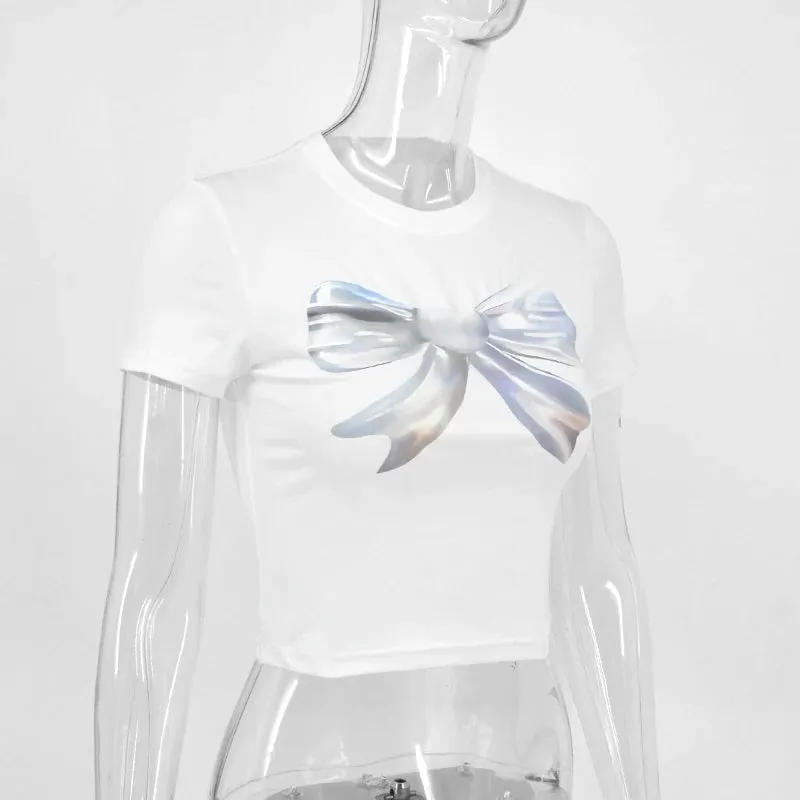 Bonnyshow Summer New T-shirt Women White Fashion Print Sexy O-Neck Tees Simple Basic Versatile Casual Slim Crop Top Female Knitted Tees