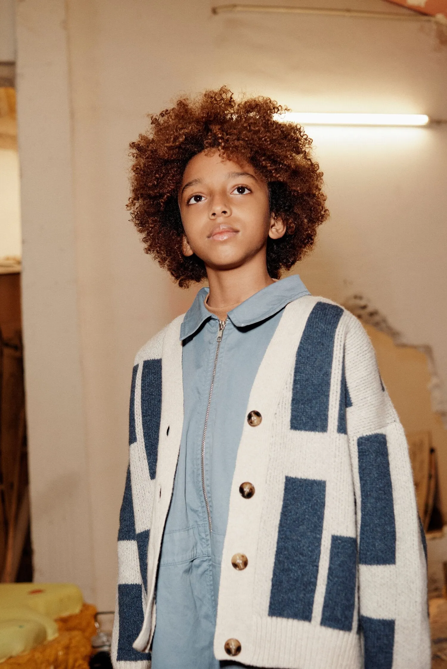 Cardigan Jacquard Blue Blocks