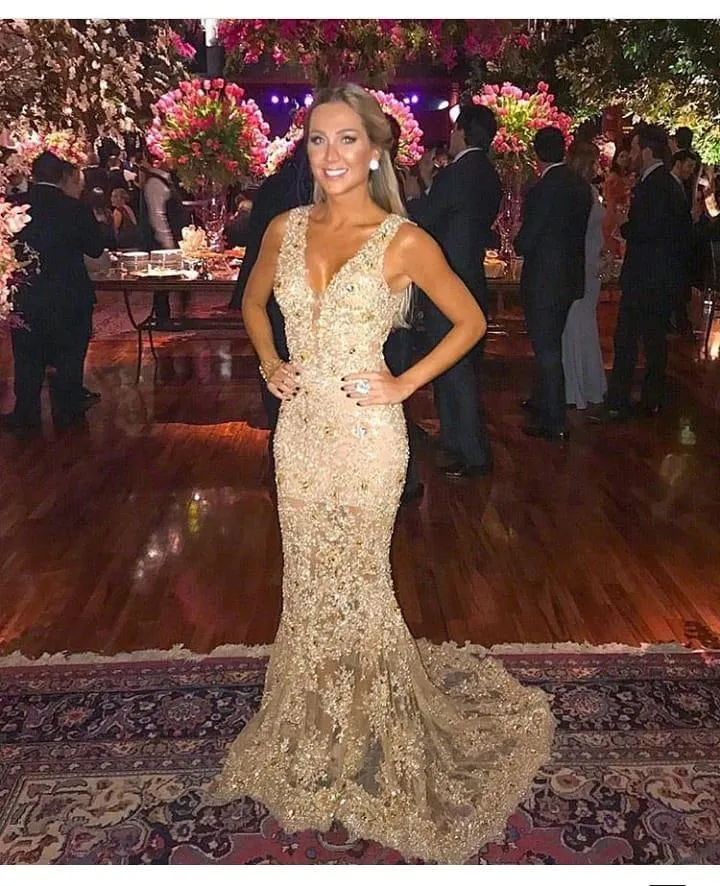 Elegant Mermaid Lace Appliques Long V Neck Prom Dress PFP0168