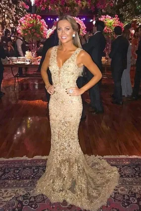Elegant Mermaid Lace Appliques Long V Neck Prom Dress PFP0168