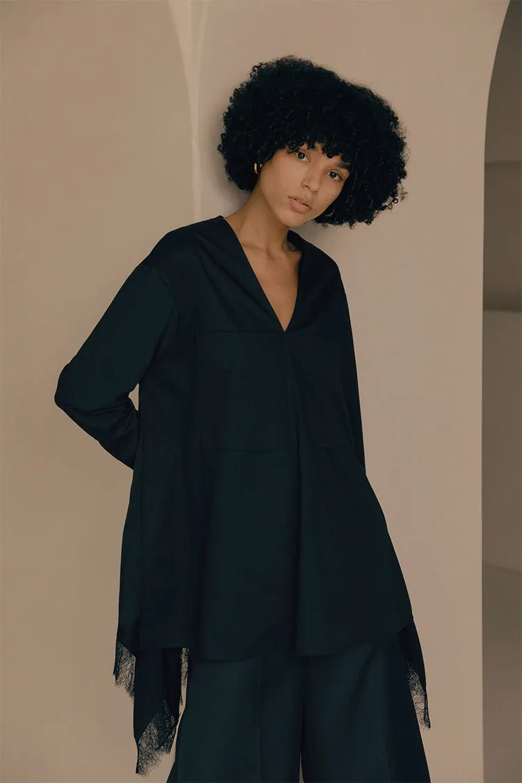 Embellished lace-trimmed V-neck cotton shirts