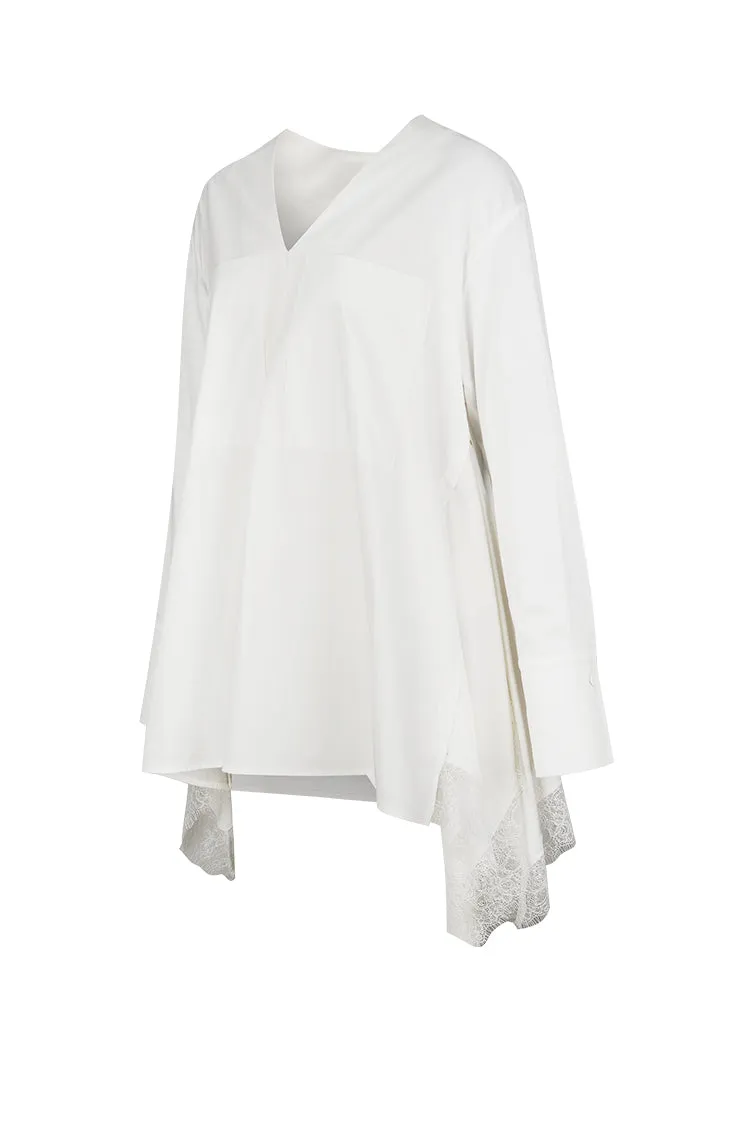 Embellished lace-trimmed V-neck cotton shirts