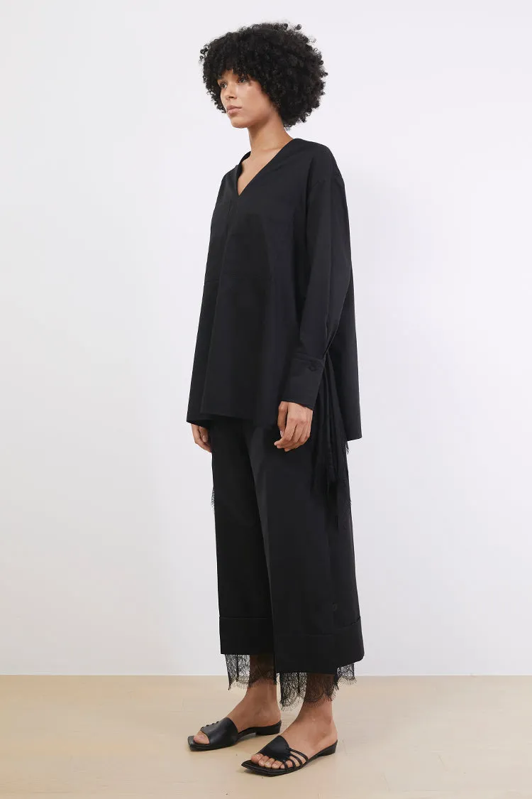 Embellished lace-trimmed V-neck cotton shirts