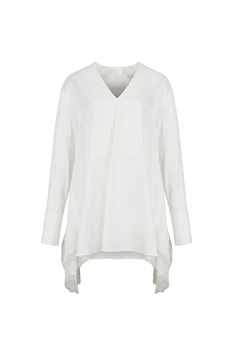 Embellished lace-trimmed V-neck cotton shirts