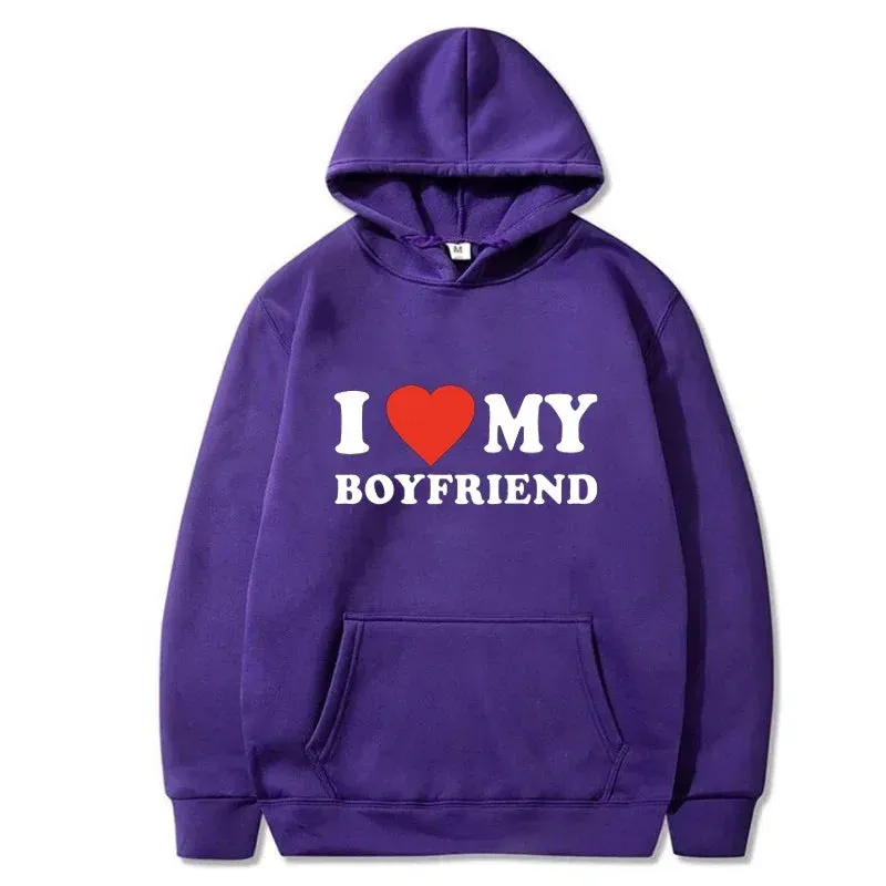 I Love My Boyfriend/Girlfriend Hoodie - Couple's Fashion Sweatshirt, Spring/Autumn Pullover, Casual Tracksuit Top for Men and Women