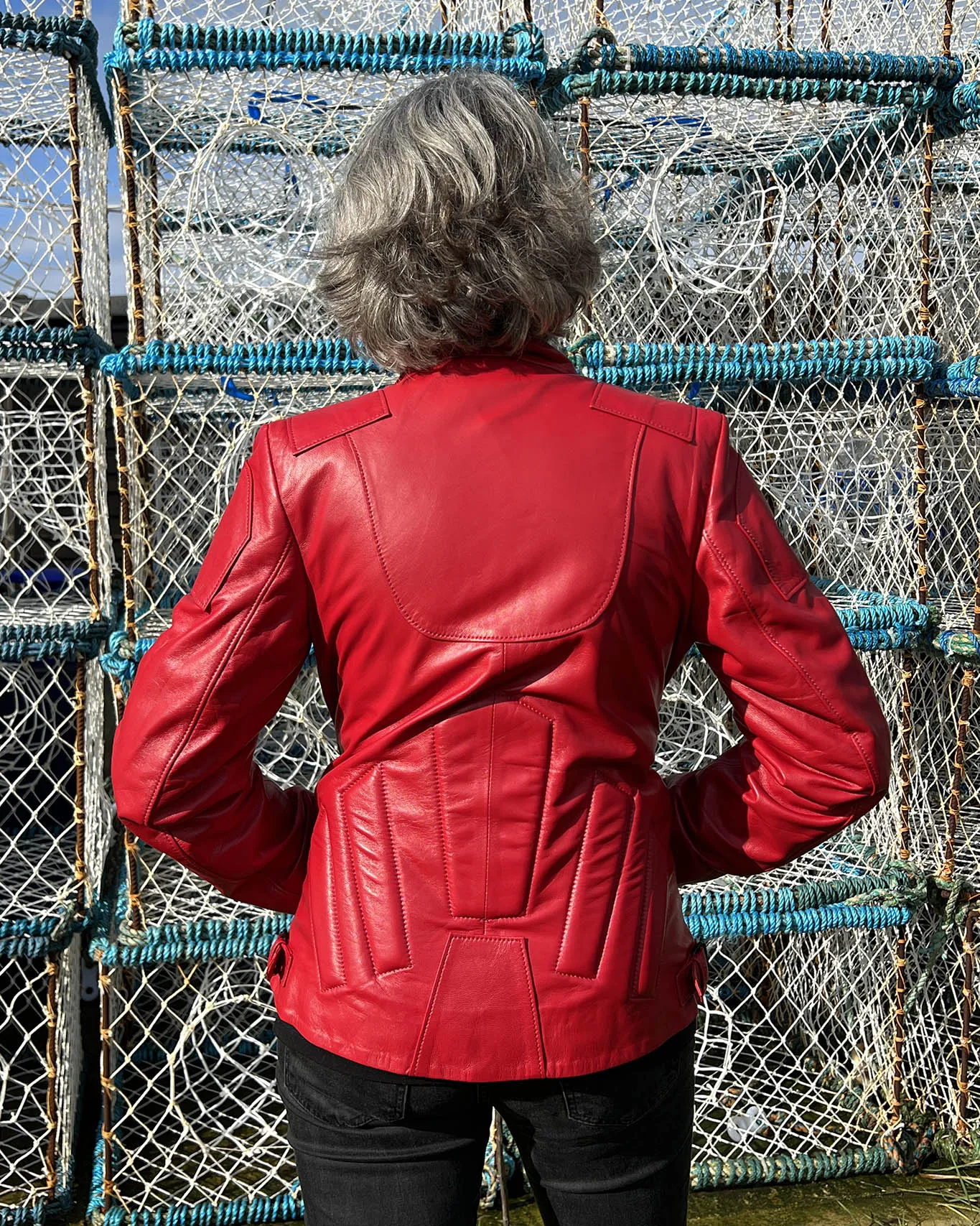 JENKA Ladies' Classic Leather Biker Jacket / Cherry Red