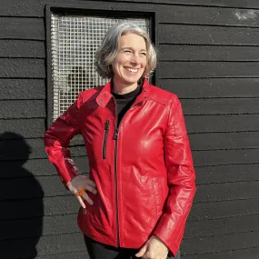 JENKA Ladies' Classic Leather Biker Jacket / Cherry Red