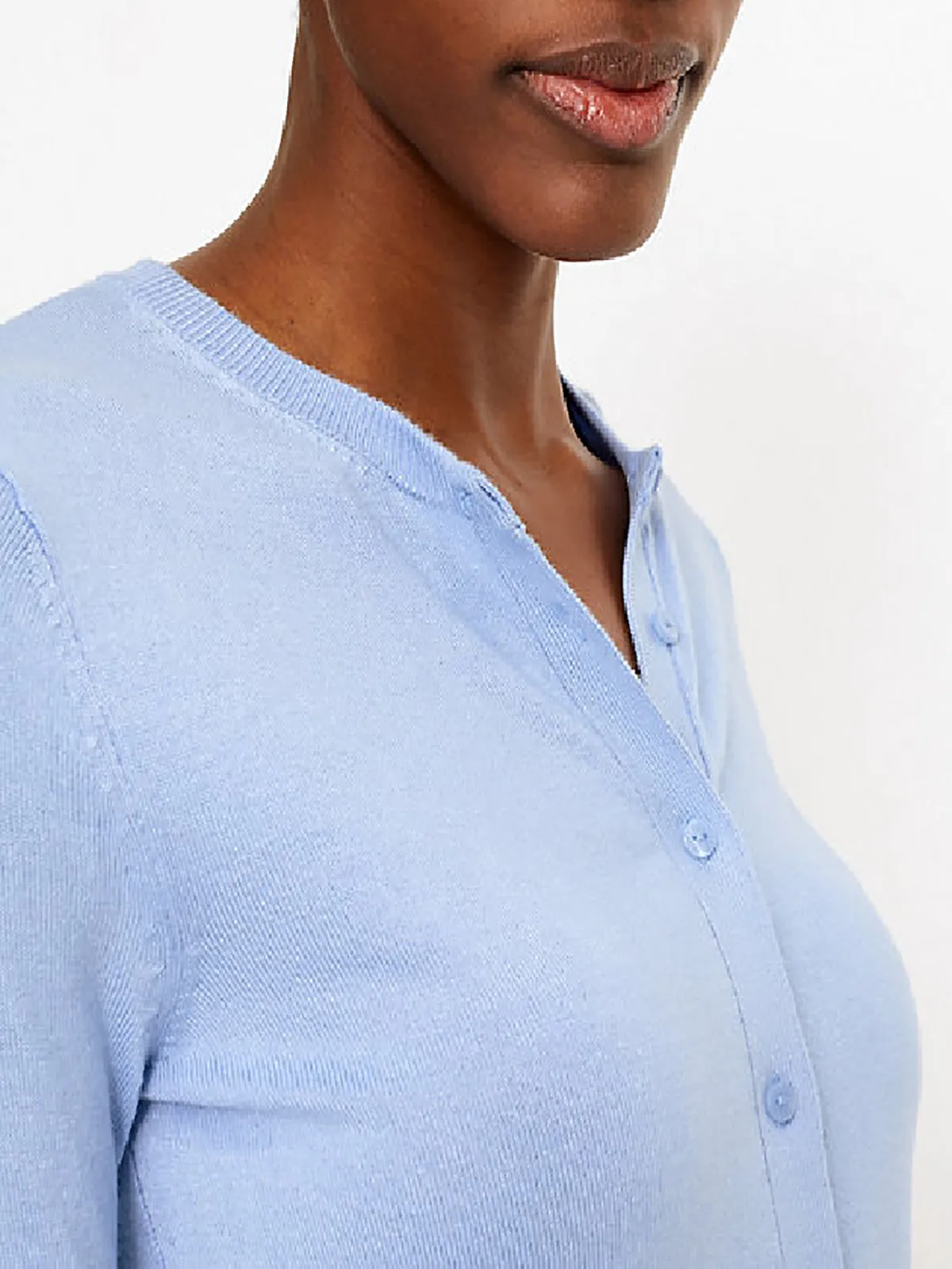 Ladies Blue Soft Knit Crew Neck Button Down Cardigan