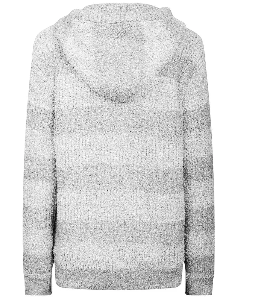 Ladies Grey Cashel Large Stripes Soft Chenille Knit Zip Through Hooded Cardigan