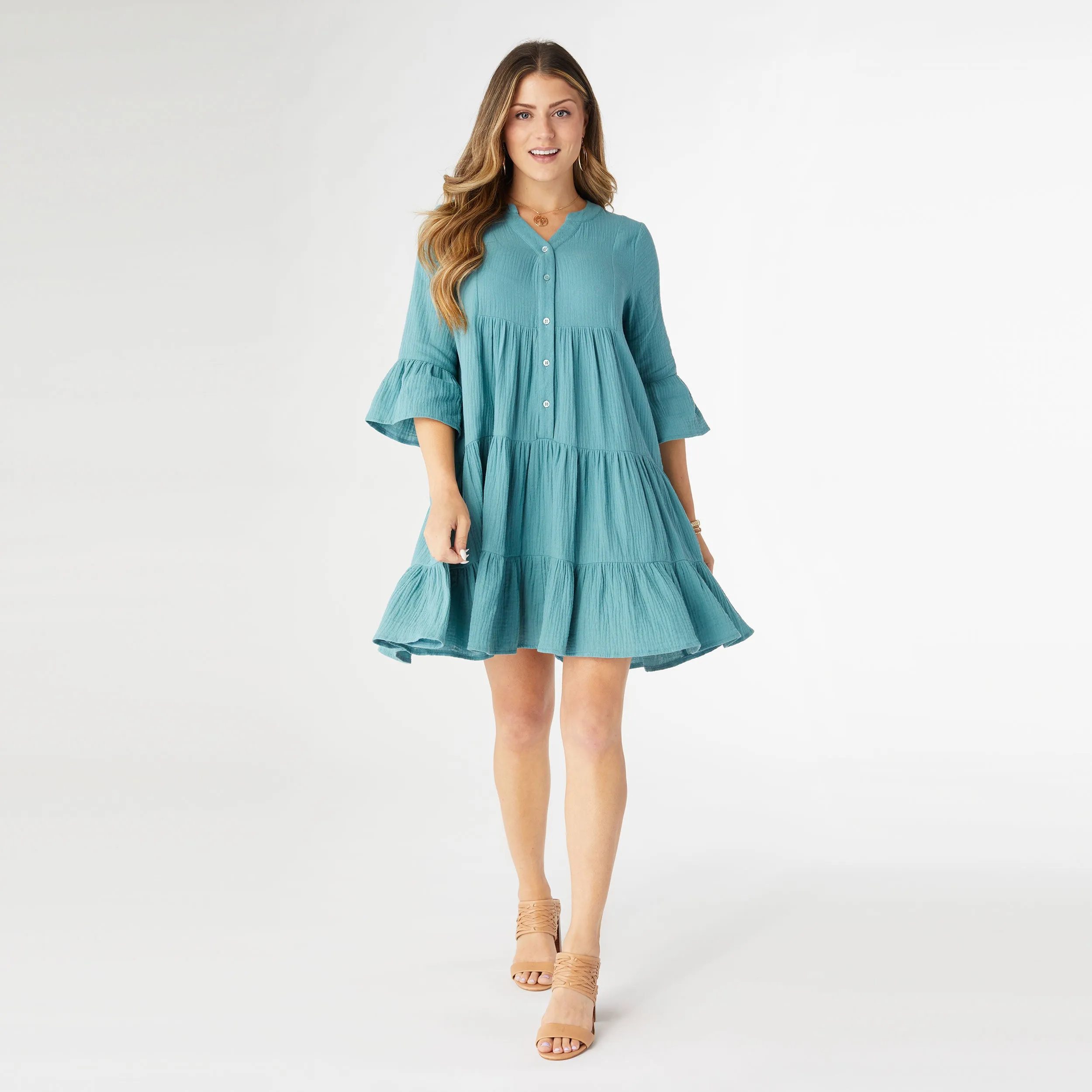 Lilith Elbow Sleeve Gauze Dress - Blue Surf