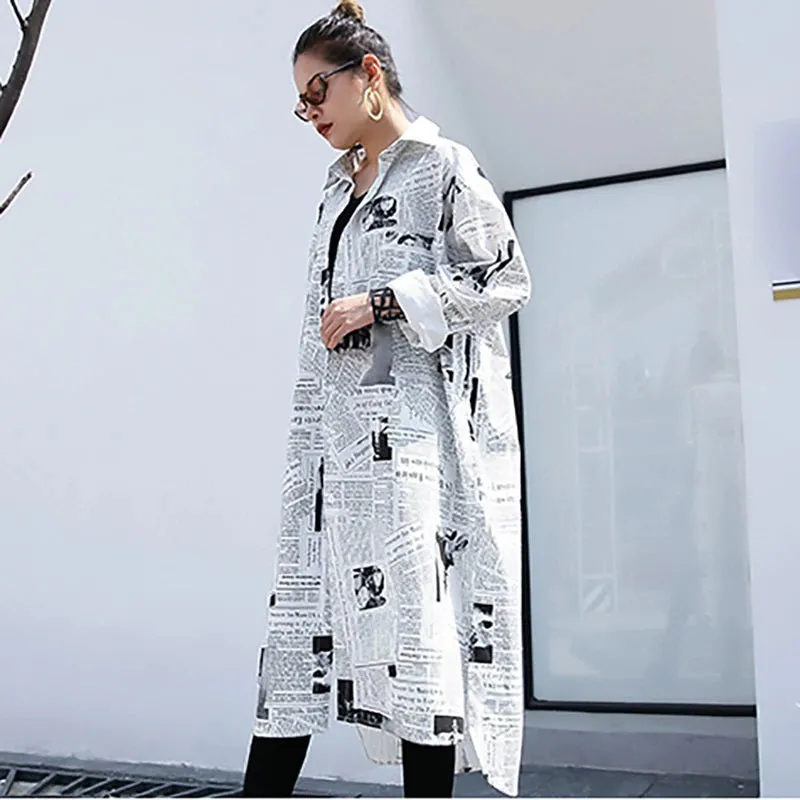 Long White & Black News Print Oversized  Button Down Shirt