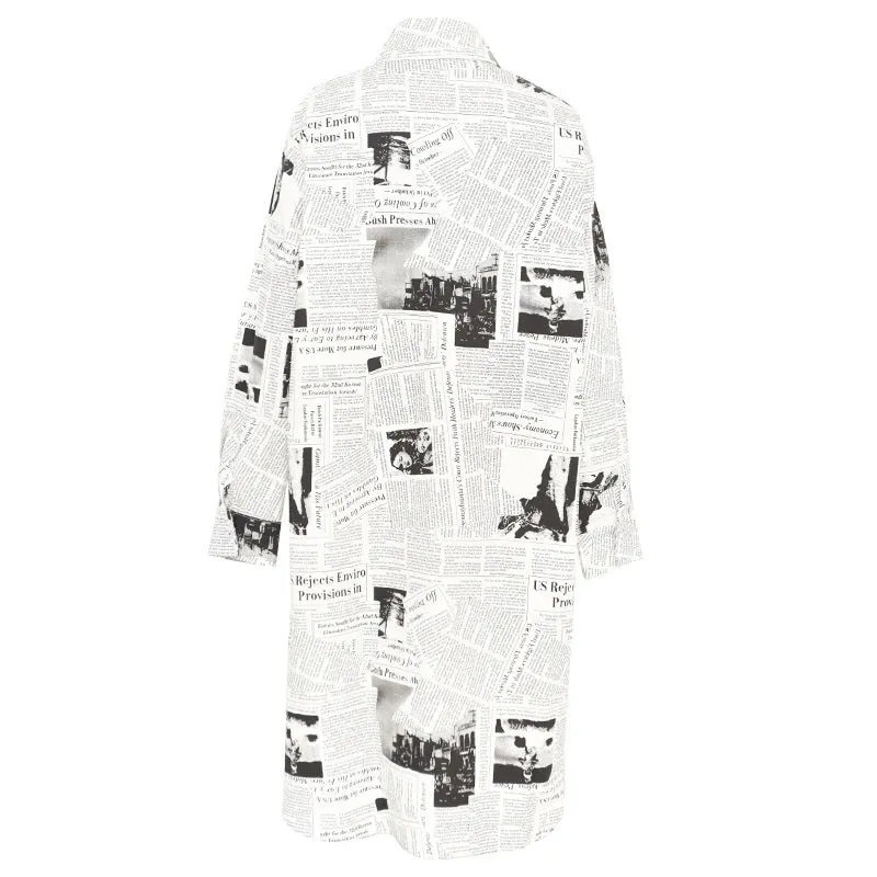 Long White & Black News Print Oversized  Button Down Shirt
