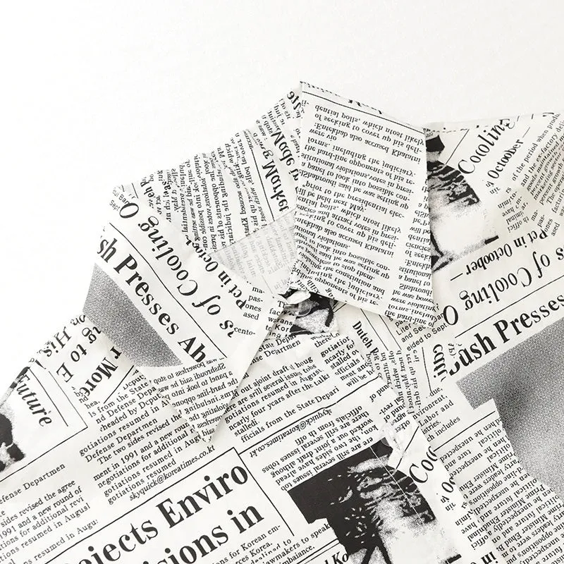 Long White & Black News Print Oversized  Button Down Shirt