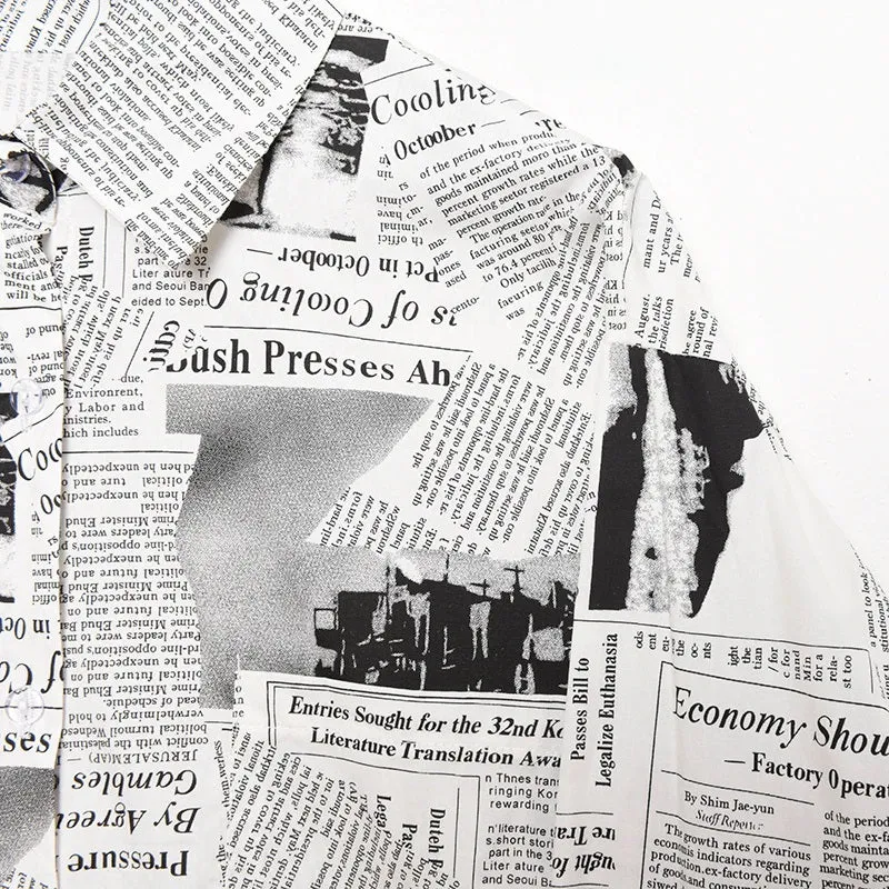 Long White & Black News Print Oversized  Button Down Shirt