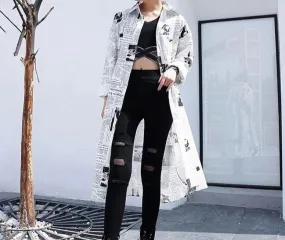 Long White & Black News Print Oversized  Button Down Shirt